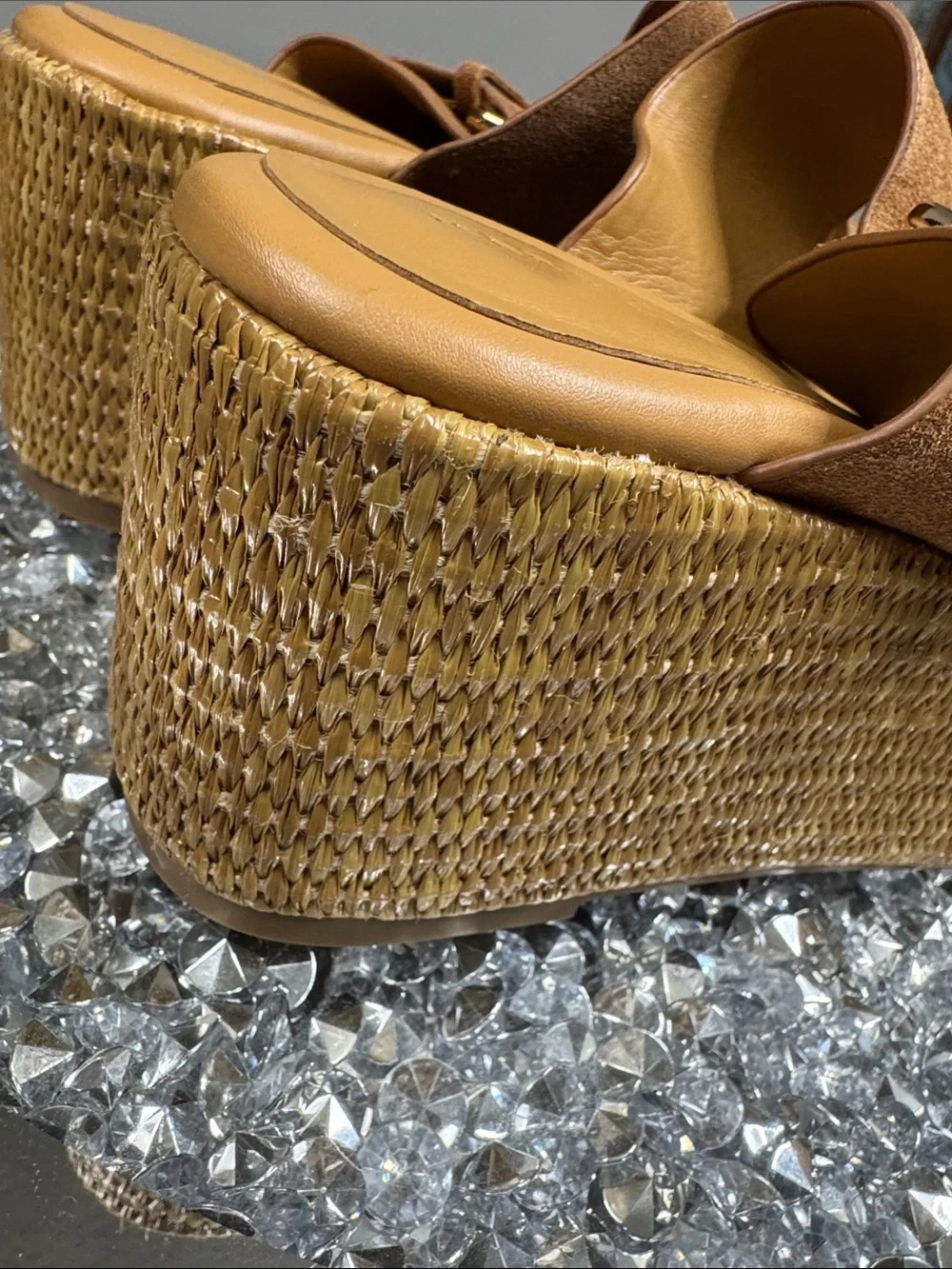 Marc Fisher Palery leather Suede Tan Platform Slide Sandals Buckles Woven sole